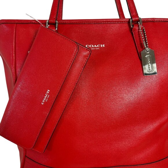 Coach Red Shoulder Tote Bag Top Zip Big Saffiano Leather + Red Wallet Set 23821 - Picture 3 of 15